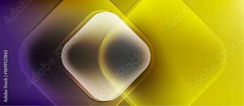 Abstract design features layered squares, vibrant purpleyellow gradient. Smooth transitions create modern, glowing effect. Minimalist composition.