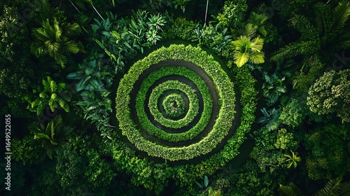 Aerial view of a lush green circular garden pattern from above, surrounded by forest.