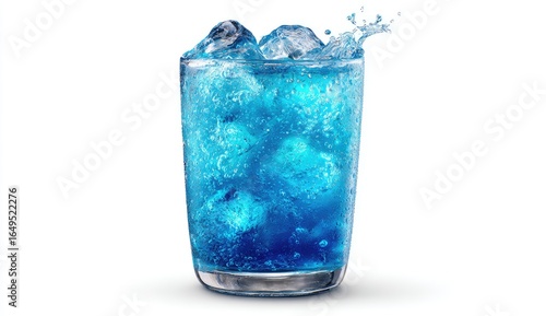 A vibrant blue drink with ice in a glass, splashing