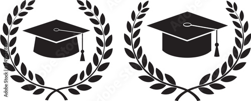Two graduation caps surrounded by laurel wreaths silhouette