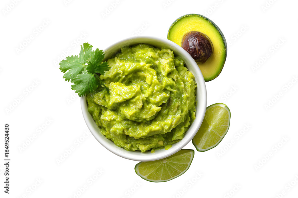 Obraz premium Fresh guacamole dip with avocado and lime isolated on transparent background