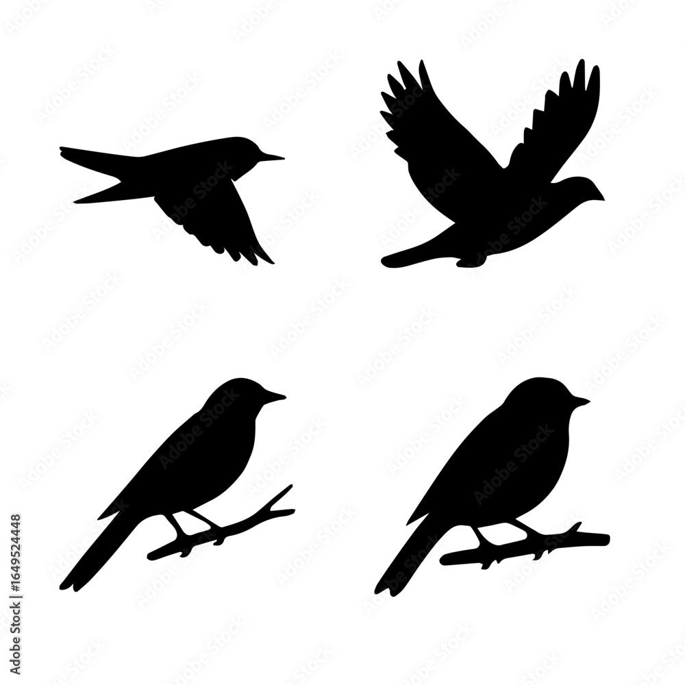 Obraz premium Black bird silhouettes in various poses on a plain background, ideal for nature-themed projects and designs, offering a clean and versatile aesthetic