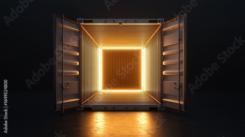 3D render of open shipping container with glowing light coming from inside.