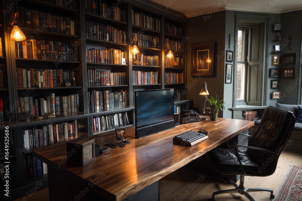 Fototapeta premium Dark, cozy home office with a large wooden desk and bookcases.