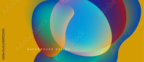 Abstract fluid shapes overlap, creating vibrant color gradients. Yellow background complements blue, red, green hues. Modern design element.