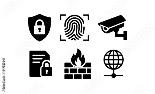 Security and privacy icons collection: lock, fingerprint, surveillance, firewall, document, globe