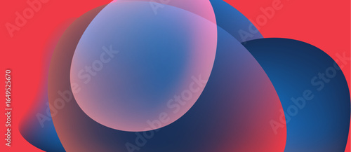 Abstract shapes overlap, creating vibrant color blends. Red, blue, purple hues dominate composition. Smooth gradients define forms.