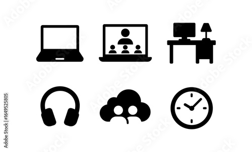 Silhouette icons of remote work essentials: laptop, video meeting, desk, headphones, cloud, clock