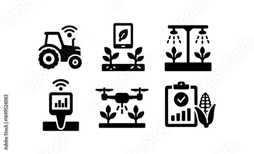 Innovative farming icons: smart agriculture, drone technology, and eco-friendly solutions