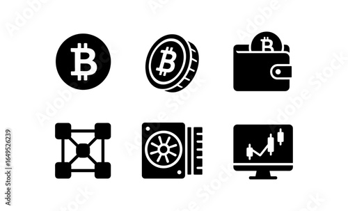 Cryptocurrency and blockchain icons set in silhouette style