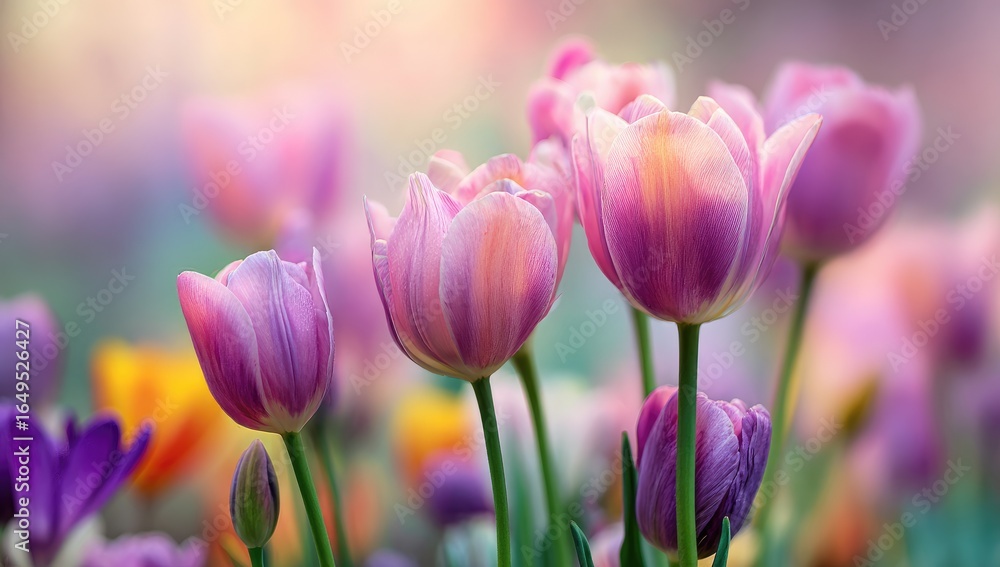 Obraz premium Soft-focus springtime tulips in pastel pinks and purples. A gentle, blurred background of other blossoms adds depth