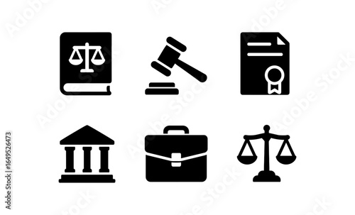 Legal and justice icons set featuring gavel, scales, and certificate
