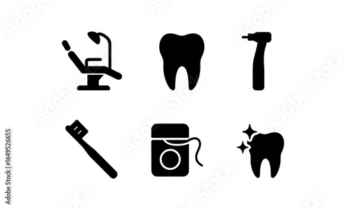 Dental icons: essential tools and hygiene in simple black silhouettes
