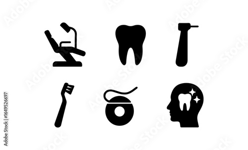 Dental icons collection: tooth, chair, floss, tools, and hygiene silhouettes