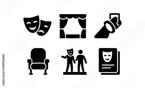 Theater icons set: comedy masks, stage, spotlight, and more in solid black style
