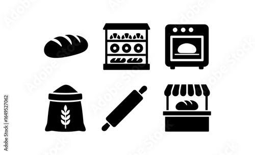 Black and white bakery icons set featuring bread, oven, and pastry symbols