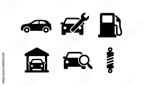 Black silhouette icons for car maintenance and repair services