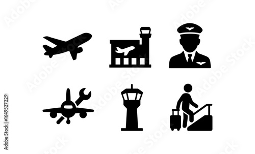 Airport travel icons: pilot, airplane, control tower, maintenance, boarding