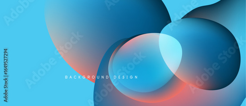 Abstract background features overlapping circles, gradients. Blue dominates with hints orange, dark shades. Modern design element.