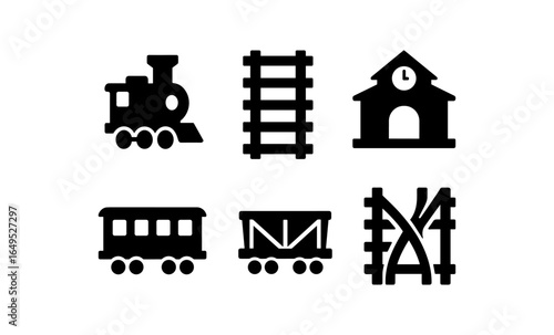 Simple black silhouette train icons with tracks and station elements