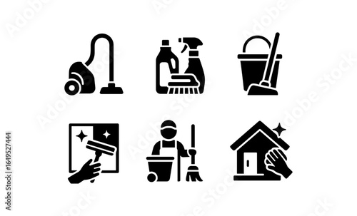 Cleaning icons set: vacuum cleaner, spray bottles, mop bucket, window squeegee, housekeeper, home maintenance