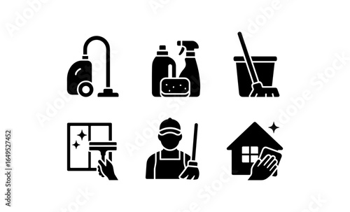Essential cleaning icons: vacuum, spray bottles, mop bucket, window wiping, housekeeping silhouettes