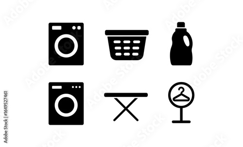 Laundry essentials icons: washer, basket, detergent, ironing board, hanger