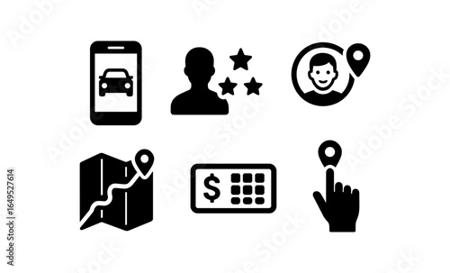 Black icons representing mobile services: navigation, reviews, and payments