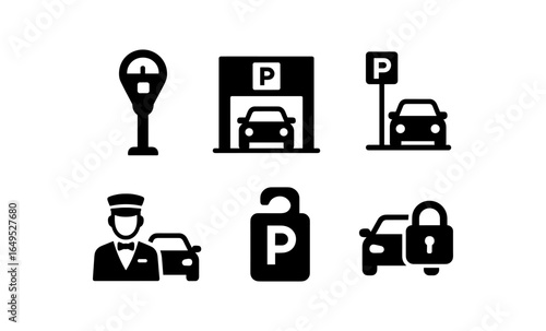 Set of black parking icons including valet and security symbols