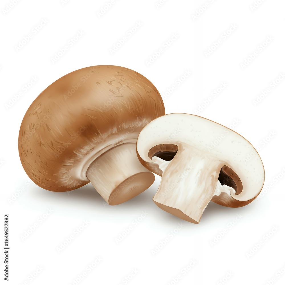Fototapeta premium Fresh portobello and button mushrooms whole and sliced with brown caps white stems showing natural texture for healthy vegetarian cooking