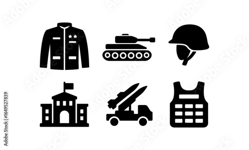 Military icons set: equipment, vehicles, and apparel silhouettes
