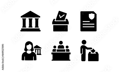 Legal and government icons set featuring law, voting, and documents in simple silhouette style