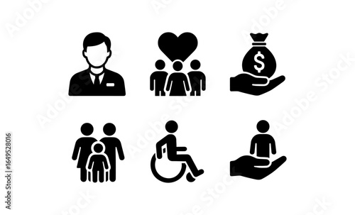 Set of business and community icons in black silhouette style