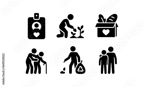Silhouette icons of volunteering activities and caring actions
