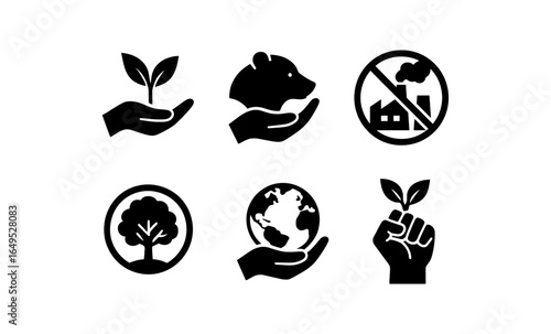 Eco-friendly silhouette icons: nature, conservation, and sustainability symbols