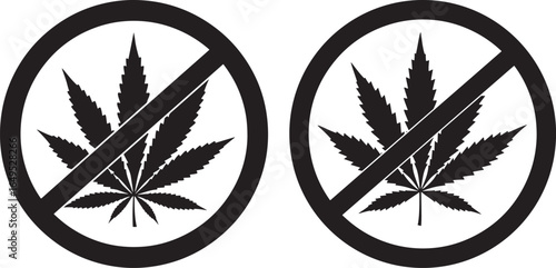 Two prohibition signs with cannabis leaf silhouette