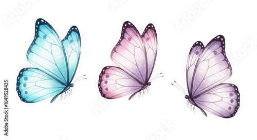 A beautiful collection of three watercolor butterflies in pastel blue, pink, and purple, symbolizing spring and gentle transformation.