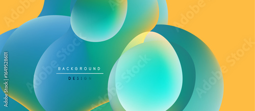 Abstract fluid shapes, vibrant colors blend. Yellow backdrop complements turquoise, teal gradients. Modern design element, smooth transitions present.