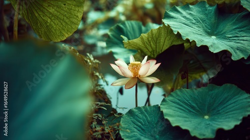 Lotus flower amidst vibrant green lily pads in serene pond
