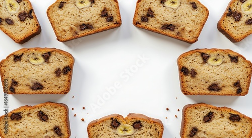 Freshly baked chocolate chip banana bread slices, arranged in the center of a white background with wide margins, realistic and mouthwatering.