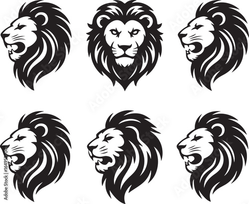 Six black and white lion head illustrations, front and profile views heads graphic