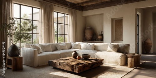 A neutral-toned living room with a sectional sofa and wooden accents.