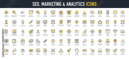 Line SEO, marketing & analytics icons. Editable stroke. Such as business and marketing, traffic, ranking, optimization, strategy, content, search, development, store, link and keyword vector icon.