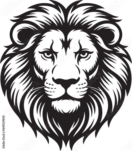 Black and white illustration of a majestic lion head with a full mane regal