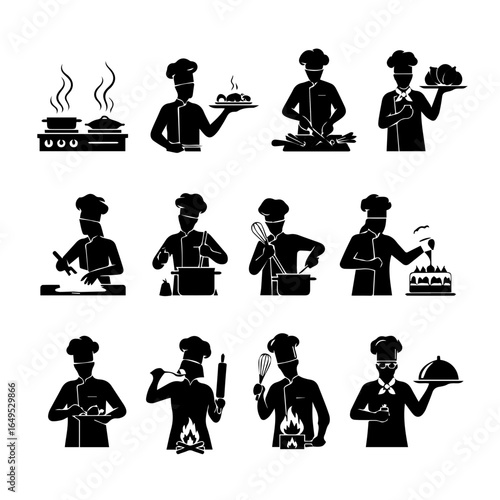 Chef silhouettes in various cooking actions representing culinary expertise and restaurant service for menus, websites, and promotional materials