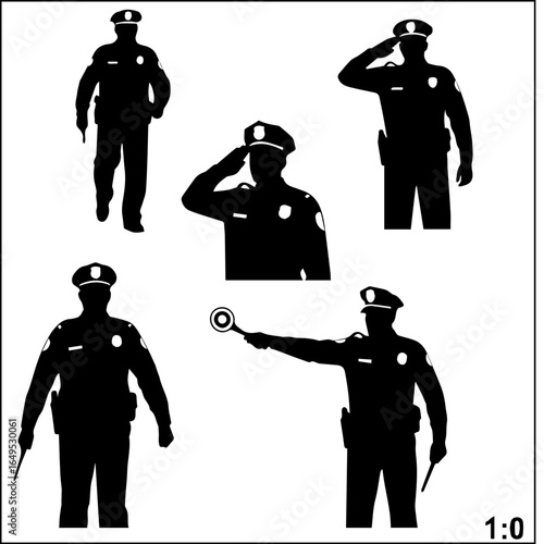 Police officers silhouettes collection with saluting, directing traffic, and standing poses for law enforcement and security themes
