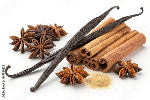 Fototapeta Naklejka Na Ścianę i Meble -  Aromatic spices vanilla beans cinnamon sticks star anise isolated on white background