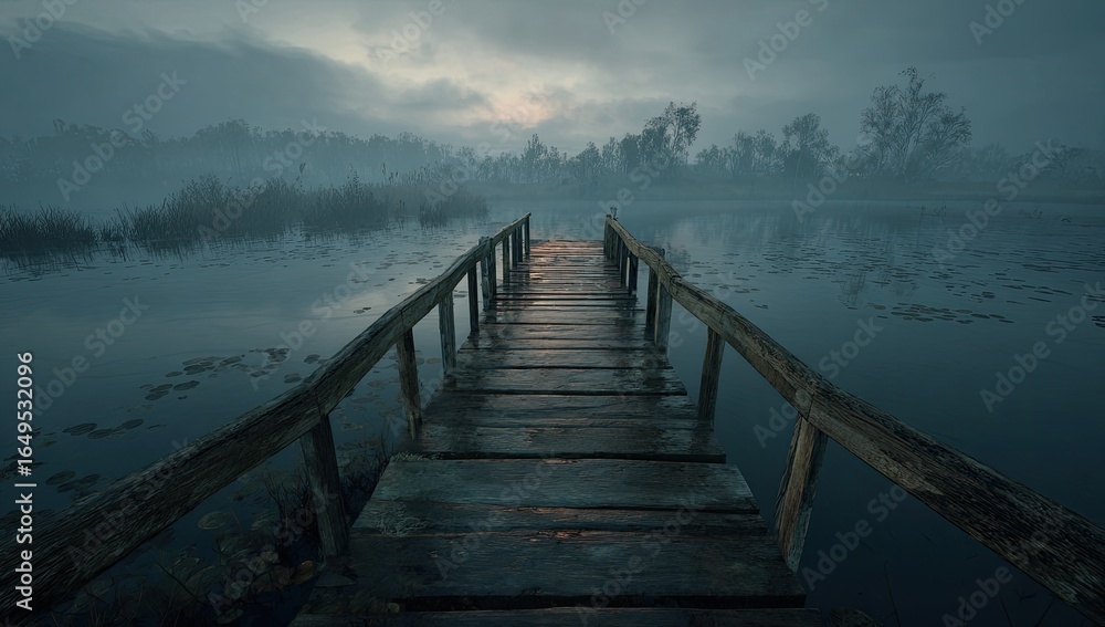 Naklejka premium Misty morning wooden pier over still water