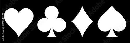 Set of white playing card suits on black background for casino and gaming concepts and design elements
