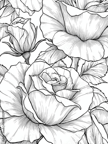 Elegant Roses: An exquisite collection of detailed, black-and-white rose illustrations showcases the delicate beauty and intricate design of each petal and leaf.